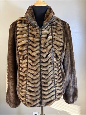 Alpine Studio Brown Faux Fur Chevron Jacket Zip-Front X2K Plush Bomber Sz L